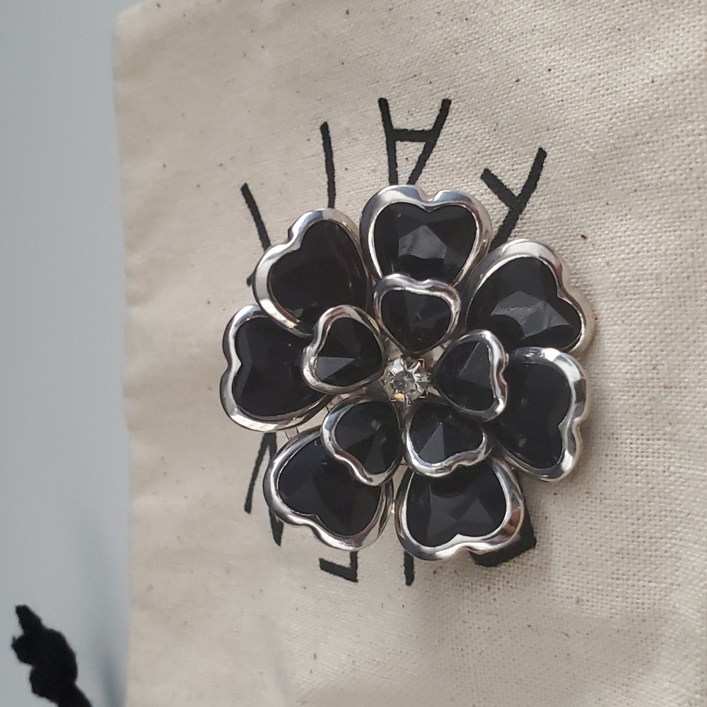 Black Flower Statement Ring Oversized Rhinestone Adjustable Cocktail Jewelry